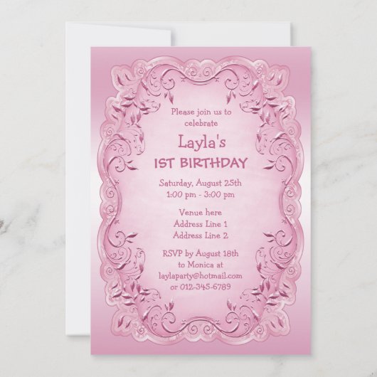 Roze Prinses 1e Verjaardagsfeest Kaart (Achterkant)