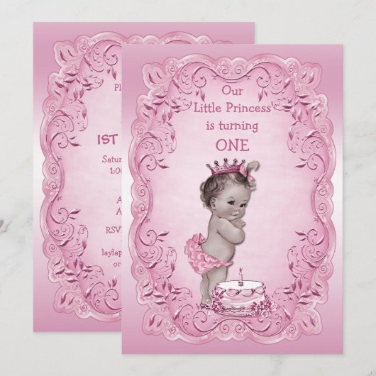 Roze  Prinses 1e Verjaardagsfeest Kaart (Voorkant / Achterkant)