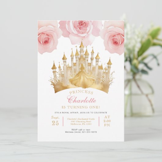 Roze Prinses 1e Verjaardagsfeest Sprookjeskroon Kaart (Staand voorkant)