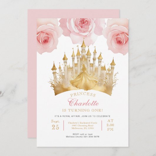 Roze Prinses 1e Verjaardagsfeest Sprookjeskroon Kaart (Voorkant / Achterkant)