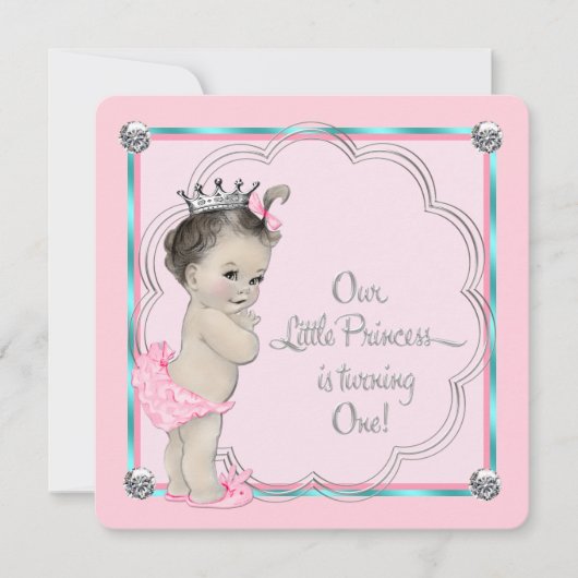 Roze prinses 1e verjaardagsfeestje kaart (Voorkant)