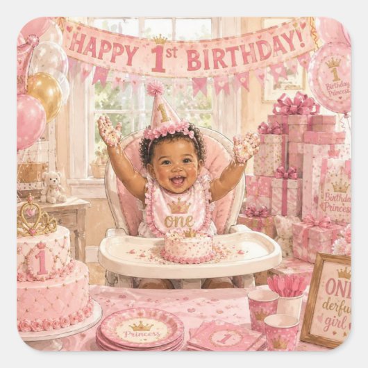 Roze Prinses 1e Verjaardagsfeestje Sticker (Voorkant)