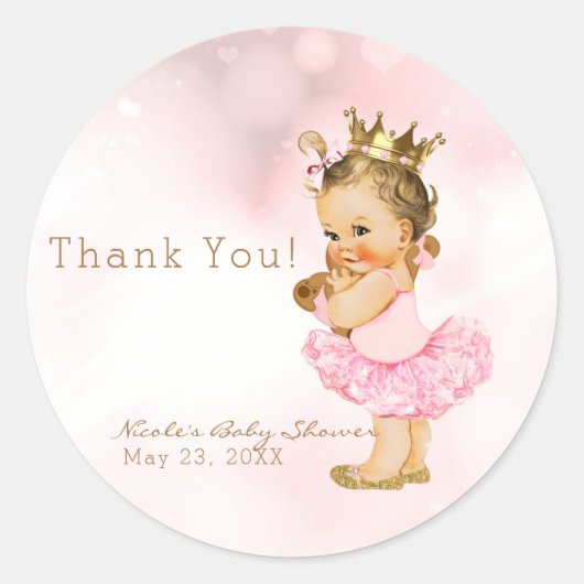 Roze Prinses  Baby Meisje Douche Favor Ronde Sticker (Voorkant)