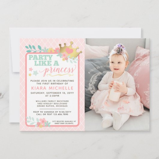 Roze Prinses Baby Meisje Eerste Verjaardag Uitnodi Kaart (Voorkant)