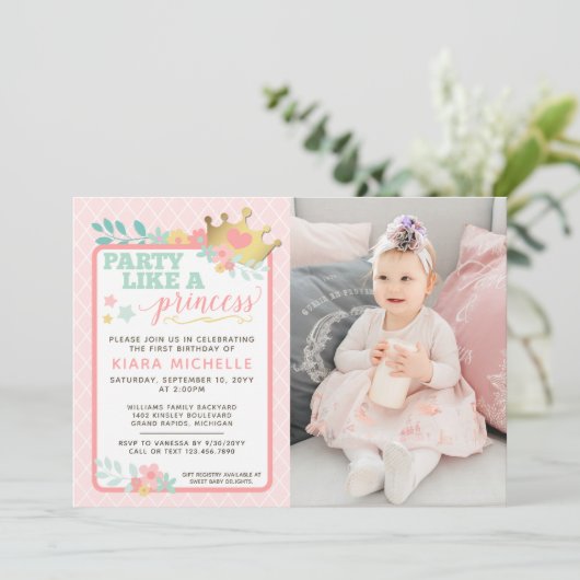 Roze Prinses Baby Meisje Eerste Verjaardag Uitnodi Kaart (Staand voorkant)