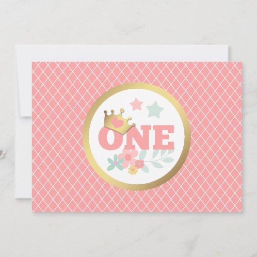 Roze Prinses Baby Meisje Eerste Verjaardag Uitnodi Kaart (Achterkant)