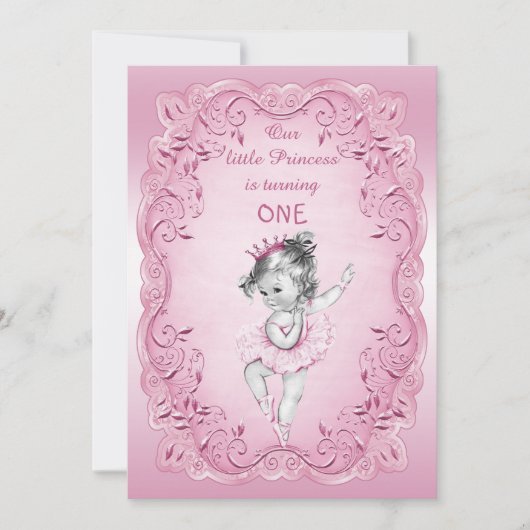 Roze  Prinses Ballerina 1e Verjaardagsfeest Kaart (Voorkant)