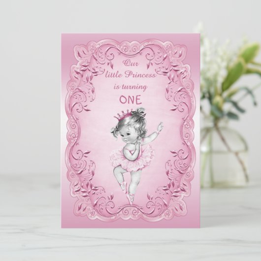 Roze  Prinses Ballerina 1e Verjaardagsfeest Kaart (Staand voorkant)
