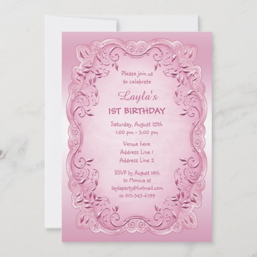 Roze  Prinses Ballerina 1e Verjaardagsfeest Kaart (Achterkant)