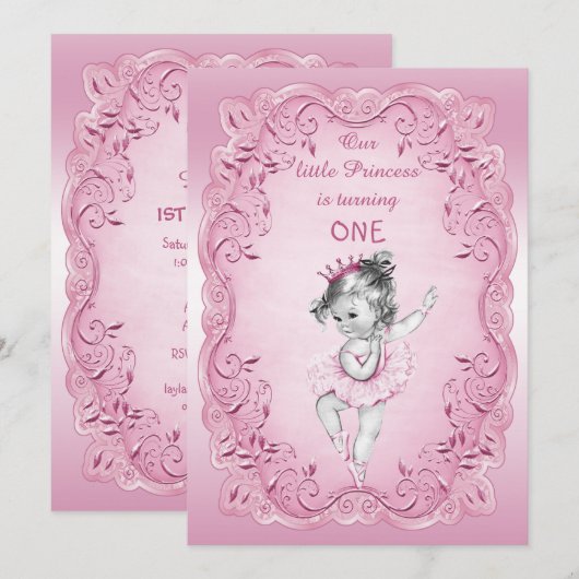 Roze  Prinses Ballerina 1e Verjaardagsfeest Kaart (Voorkant / Achterkant)