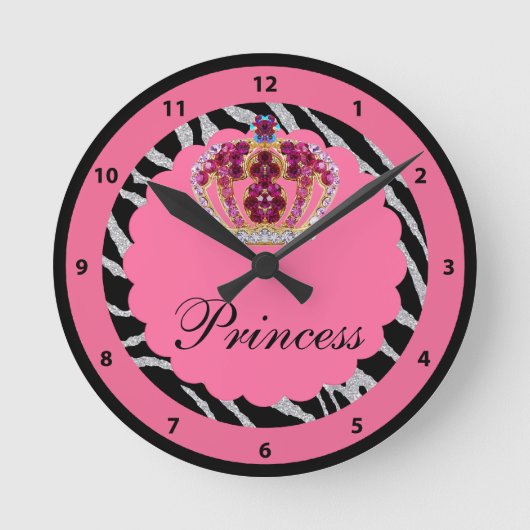 Roze prinses Bling Crown & Zebra Print Clock Ronde Klok (Voorkant)