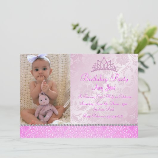 Roze Prinses Bloemen Verjaardag Uitnodiging (Staand voorkant)