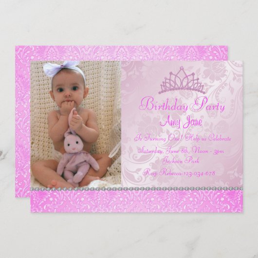 Roze Prinses Bloemen Verjaardag Uitnodiging (Voorkant / Achterkant)