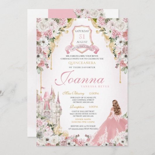 Roze Prinses Blush Goud Koninklijk Kasteel Quincea Kaart (Voorkant / Achterkant)