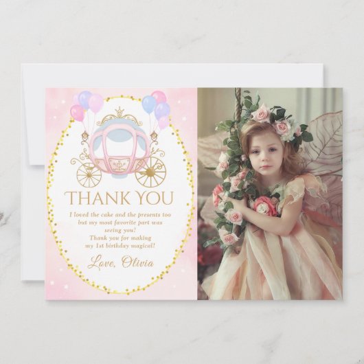 Roze Prinses Carriage Verjaardag Foto Bedankkaart (Voorkant)