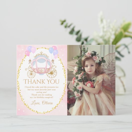 Roze Prinses Carriage Verjaardag Foto Bedankkaart (Staand voorkant)
