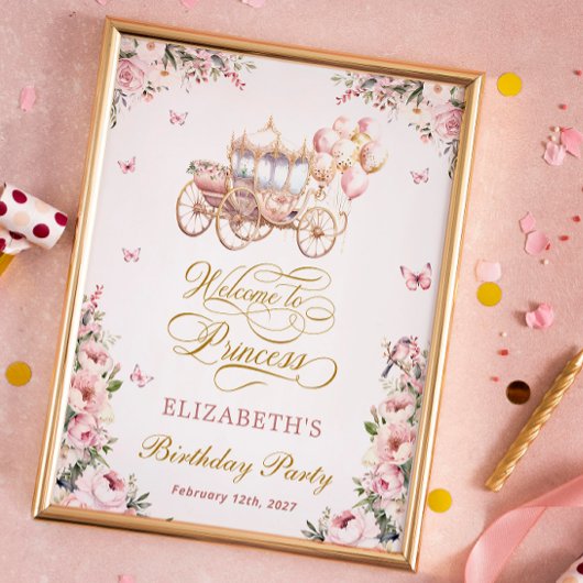 Roze Prinses Carriage Verjaardagsfeestje Welkom Poster