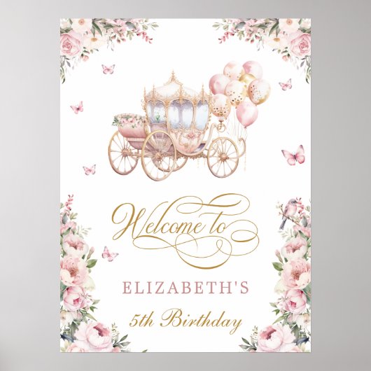 Roze Prinses Carriage Verjaardagsfeestje Welkom Poster (Voorkant)