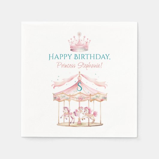 Roze Prinses Carrousel Magische 1e Verjaardag Meis Servet (Voorkant)