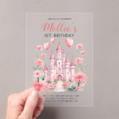 Roze prinses Castle Baby Girl's 1e verjaardag Acryl Uitnodigingen (Insitu (Draagbaar))