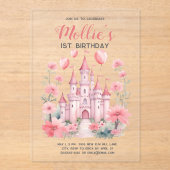 Roze prinses Castle Baby Girl's 1e verjaardag Acryl Uitnodigingen (Voorkant)