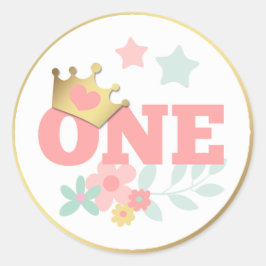 Roze Prinses "Een" Kroon Baby Meisje Eerste Verjaa Ronde Sticker