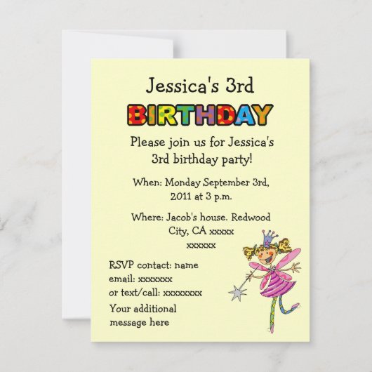 roze prinses fairy 3de verjaardag kaart (Achterkant)