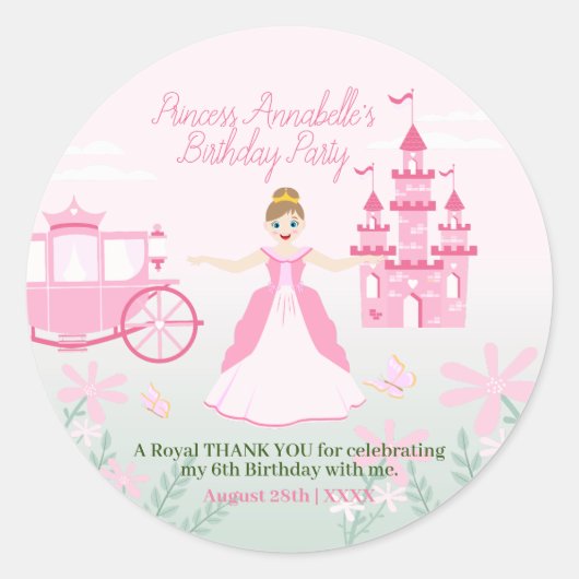 Roze Prinses Fantasy Verjaardagsfeestje Ronde Sticker (Voorkant)