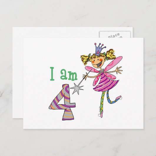 Roze prinses fee (leeftijd 4) briefkaart (Voorkant / Achterkant)