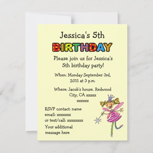 roze prinses fee vijfde verjaardag kaart (Achterkant)