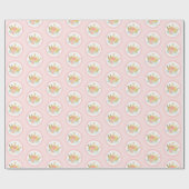 Roze Prinses Gouden Kroon & Pastel Bloemen Verjaar Cadeaupapier (Vlak)