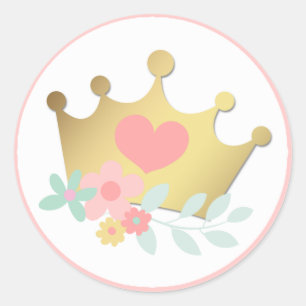 Roze Prinses Gouden Kroon & Pastel Bloemen Verjaar Ronde Sticker