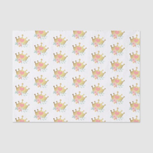 Roze Prinses Gouden Kroon & Pastel Bloemen Verjaar Tissuepapier (Voorkant)