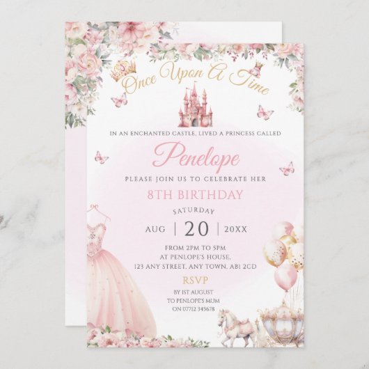 Roze prinses jurk verjaardagsfeestje uitnodigen kaart (Voorkant / Achterkant)