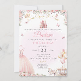 Roze prinses jurk verjaardagsfeestje uitnodigen kaart