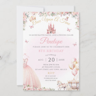 Roze prinses jurk verjaardagsfeestje uitnodigen kaart