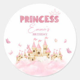 Roze Prinses Kasteel Kroon Vlinders Wolken Ronde Sticker