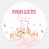 Roze Prinses Kasteel Kroon Vlinders Wolken Ronde Sticker (Voorkant)