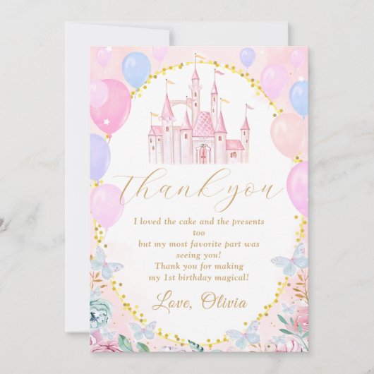 Roze Prinses Kasteel Meisje Verjaardag Dank u Kaar Bedankkaart (Voorkant)