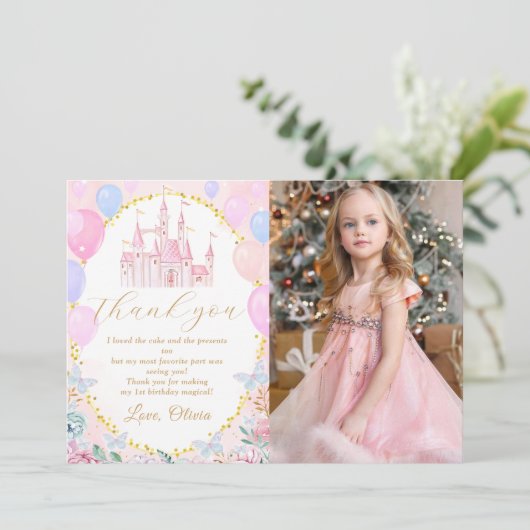 Roze Prinses Kasteel Meisje Verjaardag Foto Bedankkaart (Staand voorkant)