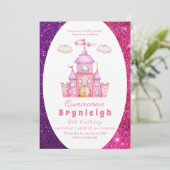 Roze prinses kasteel meisje verjaardagsfeestje kaart (Staand voorkant)