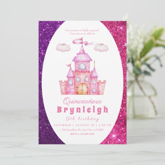 Roze prinses kasteel meisje verjaardagsfeestje kaart (Staand voorkant)