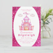 Roze prinses kasteel meisje verjaardagsfeestje kaart (Staand voorkant)