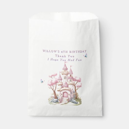 Roze Prinses Kasteel Roze Bomen Vlinders Bedankzakje (Voorkant)