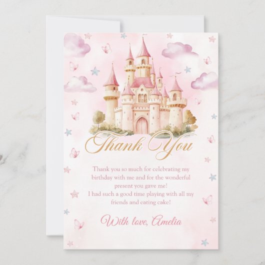 Roze Prinses Kasteel Verjaardag Dank u kaart (Voorkant)