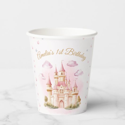 Roze Prinses Kasteel Verjaardag Papieren Kopjes Papieren Bekers (Voorkant)