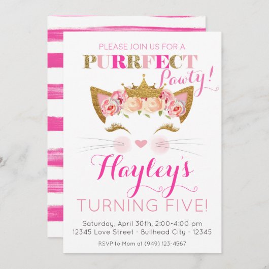 Roze Prinses Kitten Kat Verjaardag Kaart (Voorkant / Achterkant)