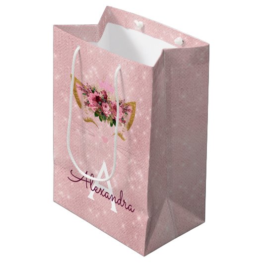 Roze Prinses Kitten Roos Goud Blush Roze Glitter Medium Cadeauzakje (Voorkant Gekanteld)