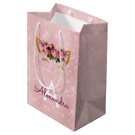 Roze Prinses Kitten Roos Goud Blush Roze Glitter Medium Cadeauzakje (Achterkant Gekanteld)