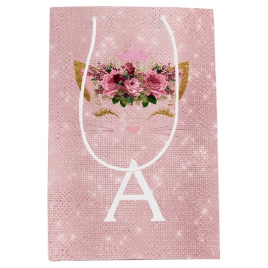 Roze Prinses Kitten Roos Goud Blush Roze Glitter Medium Cadeauzakje (Voorkant)
